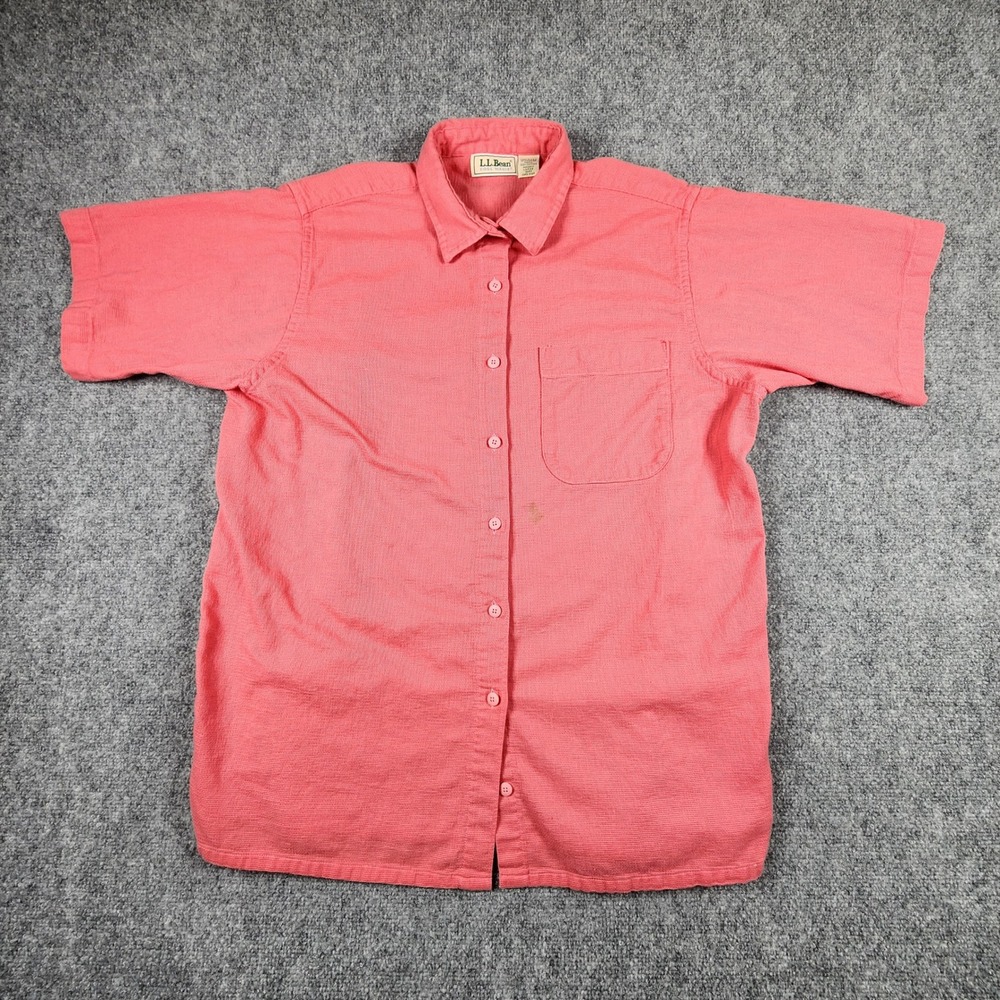 LL Bean Cool Weave Shirt Womens Large Coral Pink Short Sleeve Cotton Made in USA
